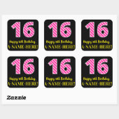 Fun Pink Stripes "16": Happy 16th Birthday + Name Vierkante Sticker (Vel)
