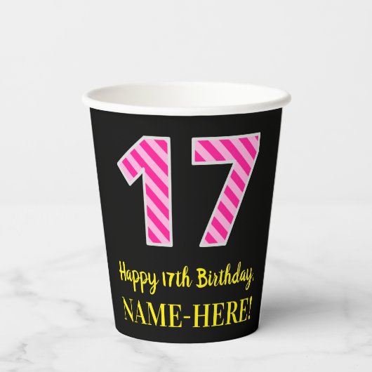Fun Pink Stripes "17": Happy 17th Birthday + Name Papieren Bekers (Achterkant)