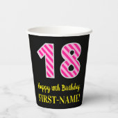 Fun Pink Stripes "18": Happy 18th Birthday + Name Papieren Bekers (Achterkant)