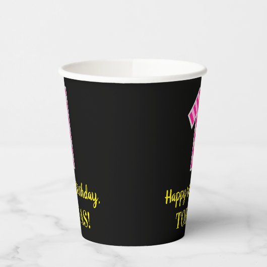 Fun Pink Stripes "1": Happy 1st Birthday + naam Papieren Bekers (Links)