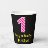 Fun Pink Stripes "1": Happy 1st Birthday + naam Papieren Bekers (Voorkant)