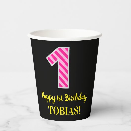 Fun Pink Stripes "1": Happy 1st Birthday + naam Papieren Bekers (Voorkant)