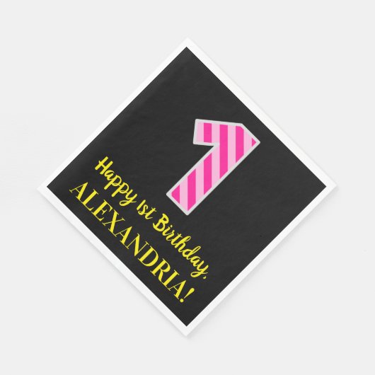 Fun Pink Stripes "1"; Happy 1st Birthday; naam Servet (Hoek)