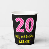 Fun Pink Stripes "20": Happy 20th Birthday + Name Papieren Bekers (Achterkant)