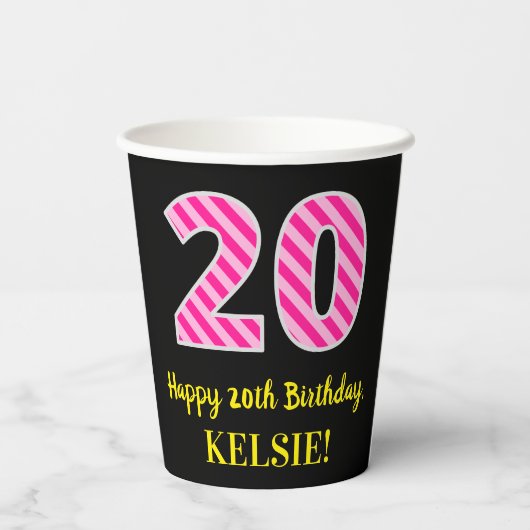 Fun Pink Stripes "20": Happy 20th Birthday + Name Papieren Bekers (Achterkant)