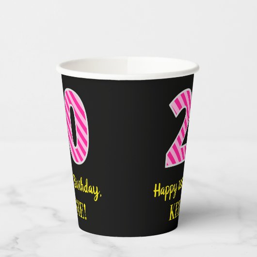 Fun Pink Stripes "20": Happy 20th Birthday + Name Papieren Bekers (Links)