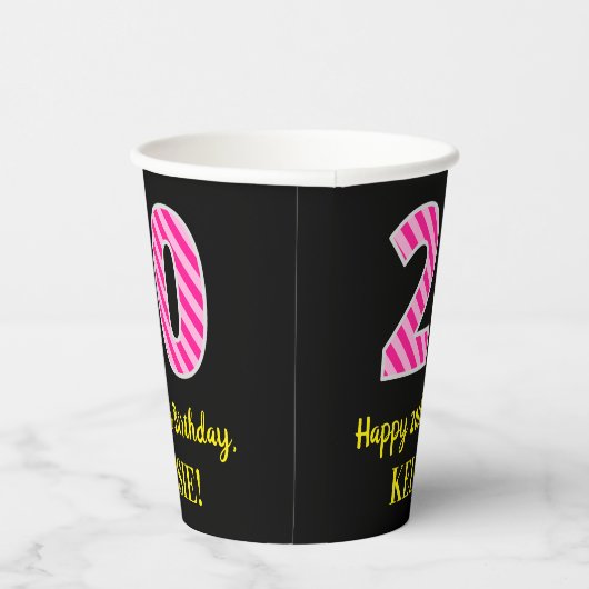 Fun Pink Stripes "20": Happy 20th Birthday + Name Papieren Bekers (Rechts)