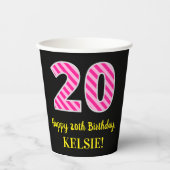 Fun Pink Stripes "20": Happy 20th Birthday + Name Papieren Bekers (Voorkant)