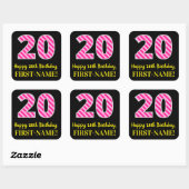 Fun Pink Stripes "20": Happy 20th Birthday + Name Vierkante Sticker (Vel)