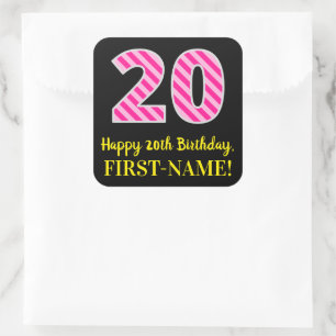 Fun Pink Stripes "20": Happy 20th Birthday + Name Vierkante Sticker