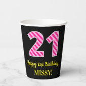 Fun Pink Stripes "21": Happy 21st Birthday + Name Papieren Bekers (Achterkant)