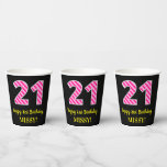 Fun Pink Stripes "21": Happy 21st Birthday   Name Papieren Bekers<br><div class="desc">Dit prachtige verjaardagsgetikte vierkant zelfkleverontwerp biedt een groot getal "21", met een lichtroze en donkerroze strepen patroon. Het kenmerkt ook het bericht "Tevreden 21st Geboortedag, "plus een klantgerichte naam. De achtergrond is zwart. Goedaardige papieren bekertjes als deze kunnen worden gebruikt als je een feestje organiseert voor iemand die zijn 21ste...</div>