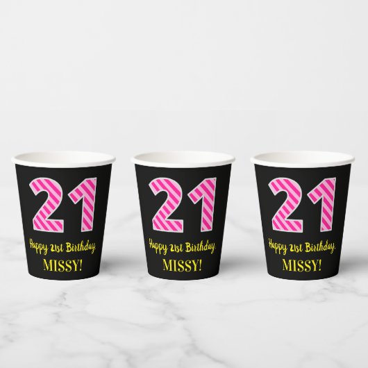 Fun Pink Stripes "21": Happy 21st Birthday + Name Papieren Bekers (Multi)
