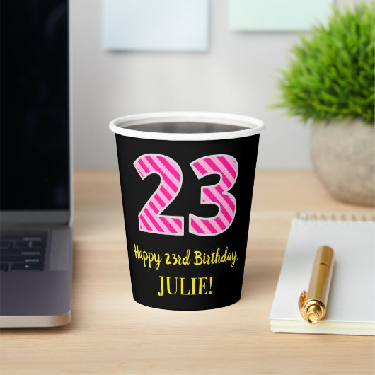 Fun Pink Stripes "23": Happy 23rd Birthday + Name Papieren Bekers (Insitu)