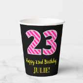 Fun Pink Stripes "23": Happy 23rd Birthday + Name Papieren Bekers (Achterkant)