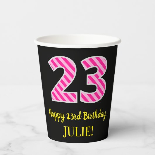 Fun Pink Stripes "23": Happy 23rd Birthday + Name Papieren Bekers (Achterkant)