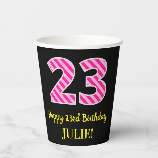 Fun Pink Stripes "23": Happy 23rd Birthday + Name Papieren Bekers (Voorkant)