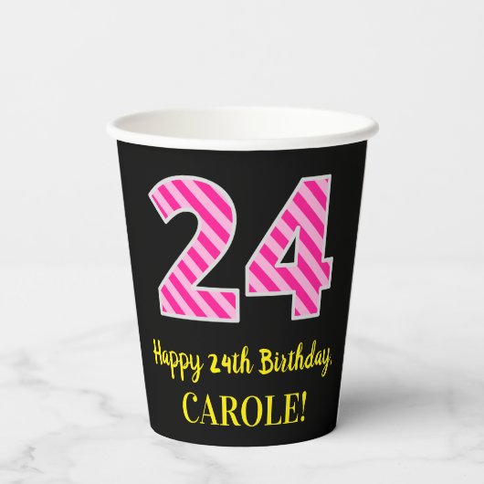 Fun Pink Stripes "24": Happy 24th Birthday + Name Papieren Bekers (Achterkant)