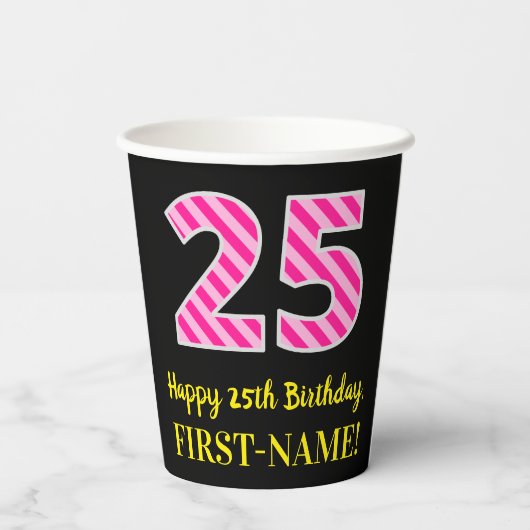 Fun Pink Stripes "25": Happy 25th Birthday + Name Papieren Bekers (Achterkant)