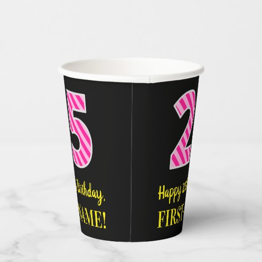 Fun Pink Stripes "25": Happy 25th Birthday + Name Papieren Bekers (Rechts)