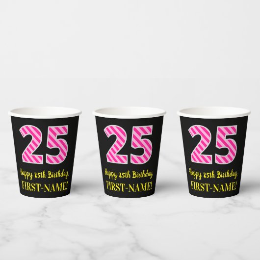 Fun Pink Stripes "25": Happy 25th Birthday + Name Papieren Bekers (Multi)