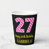 Fun Pink Stripes "27": Happy 27th Birthday + Name Papieren Bekers (Achterkant)