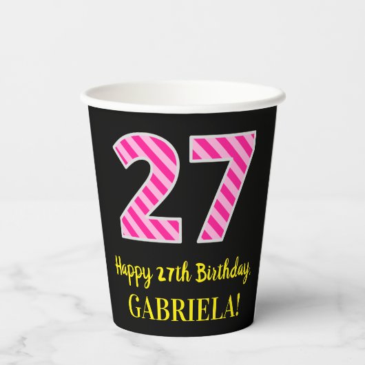 Fun Pink Stripes "27": Happy 27th Birthday + Name Papieren Bekers (Achterkant)