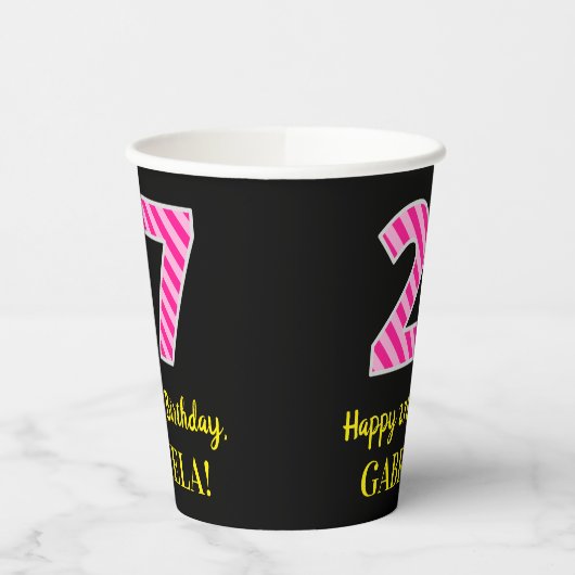 Fun Pink Stripes "27": Happy 27th Birthday + Name Papieren Bekers (Links)