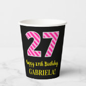 Fun Pink Stripes "27": Happy 27th Birthday + Name Papieren Bekers (Voorkant)