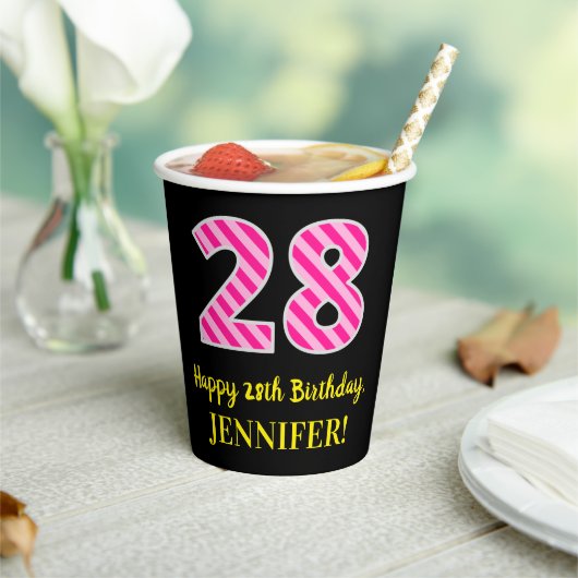 Fun Pink Stripes "28": Happy 28th Birthday + Name Papieren Bekers (Insitu)