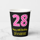 Fun Pink Stripes "28": Happy 28th Birthday + Name Papieren Bekers (Achterkant)