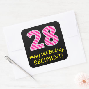 Fun Pink Stripes "28": Happy 28th Birthday + Name Vierkante Sticker