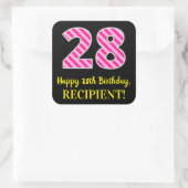 Fun Pink Stripes "28": Happy 28th Birthday + Name Vierkante Sticker (Tas)