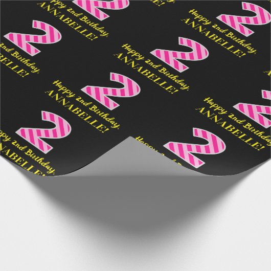 Fun Pink Stripes "2"; Happy 2nd Birthday; naam Cadeaupapier (Hoek)
