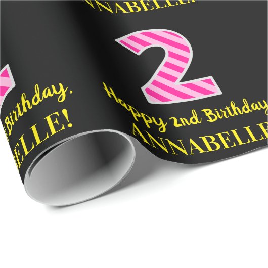 Fun Pink Stripes "2"; Happy 2nd Birthday; naam Cadeaupapier (Rol Hoek)