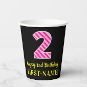 Fun Pink Stripes "2": Happy 2nd Birthday + Name Papieren Bekers (Voorkant)