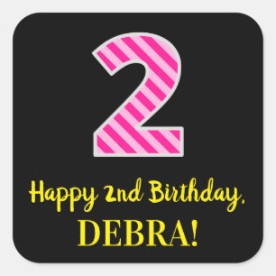 Fun Pink Stripes "2": Happy 2nd Birthday + Name Vierkante Sticker