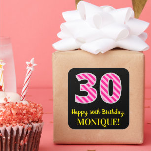 Fun Pink Stripes "30": Happy 30th Birthday + Name Vierkante Sticker