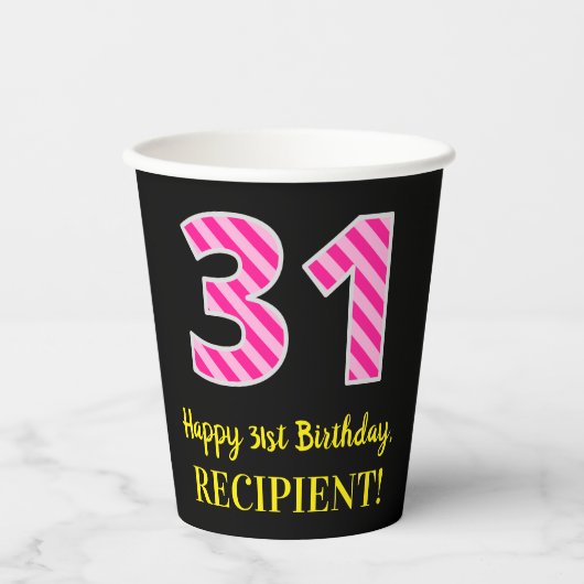 Fun Pink Stripes "31": Happy 31st Birthday + Name Papieren Bekers (Voorkant)