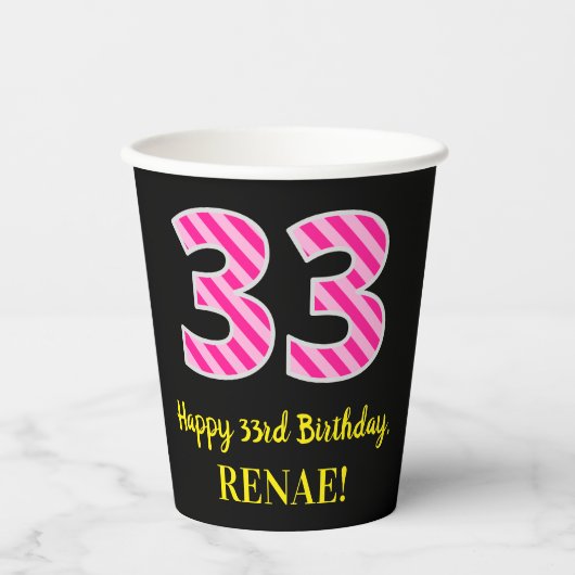 Fun Pink Stripes "33": Happy 33rd Birthday + Name Papieren Bekers (Voorkant)