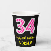 Fun Pink Stripes "34": Happy 34th Birthday + Name Papieren Bekers (Achterkant)