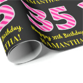 Fun Pink Stripes "35"; Happy 35th Birthday; naam Cadeaupapier (Rol Hoek)