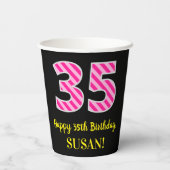 Fun Pink Stripes "35": Happy 35th Birthday + Name Papieren Bekers (Achterkant)