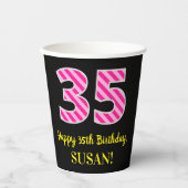 Fun Pink Stripes "35": Happy 35th Birthday + Name Papieren Bekers (Voorkant)