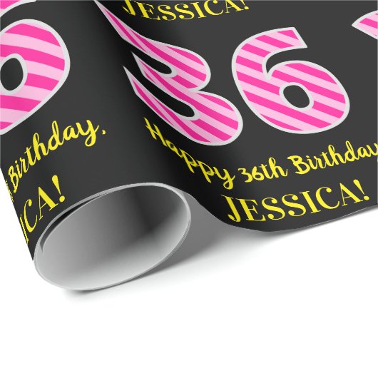 Fun Pink Stripes "36"; Happy 36th Birthday; naam Cadeaupapier (Rol Hoek)