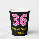 Fun Pink Stripes "36": Happy 36th Birthday + Name Papieren Bekers (Achterkant)