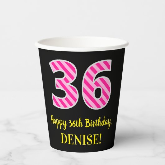 Fun Pink Stripes "36": Happy 36th Birthday + Name Papieren Bekers (Voorkant)