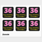 Fun Pink Stripes “36”: Happy 36th Birthday + Name Vierkante Sticker (Vel)