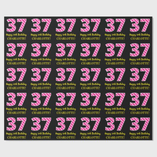 Fun Pink Stripes "37"; Happy 37th Birthday; naam Cadeaupapier (Vlak)