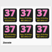 Fun Pink Stripes “37”: Happy 37th Birthday + Name Vierkante Sticker (Vel)